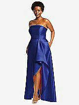 Side View Thumbnail - Cobalt Blue Strapless Satin Gown with Draped Front Slit and Pockets