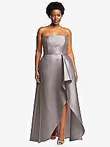 Front View Thumbnail - Cashmere Gray Strapless Satin Gown with Draped Front Slit and Pockets