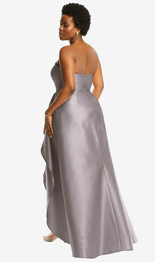 Back View - Cashmere Gray Strapless Satin Gown with Draped Front Slit and Pockets