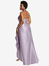 Rear View Thumbnail - Lilac Haze Strapless Satin Gown with Draped Front Slit and Pockets