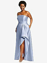 Side View Thumbnail - Sky Blue Strapless Satin Gown with Draped Front Slit and Pockets