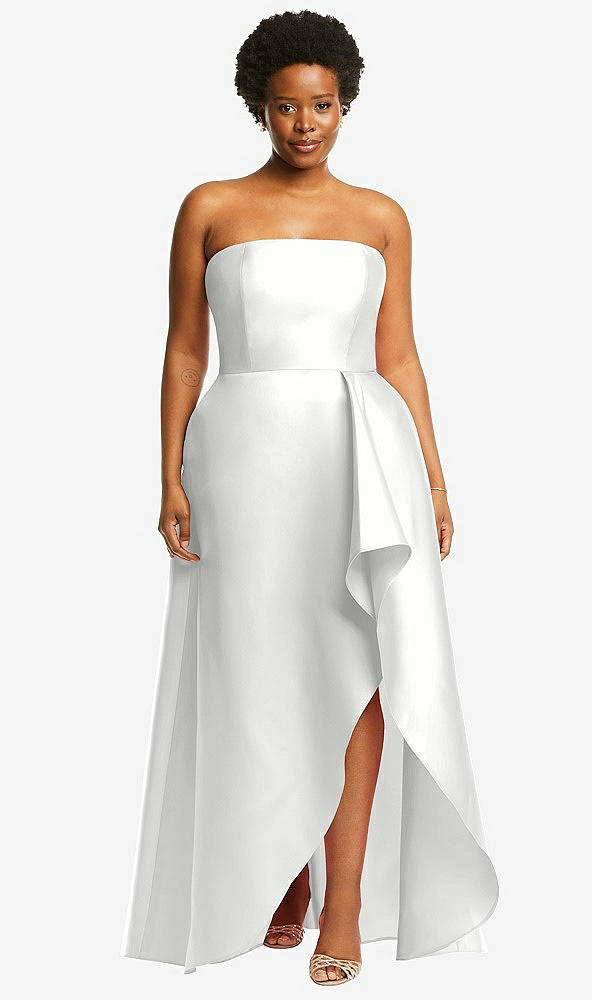 Front View - White Strapless Satin Gown with Draped Front Slit and Pockets
