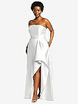 Side View Thumbnail - White Strapless Satin Gown with Draped Front Slit and Pockets