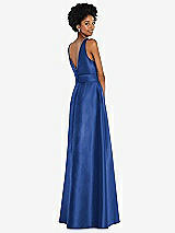 Rear View Thumbnail - Classic Blue Jewel-Neck V-Back Maxi Dress with Mini Sash