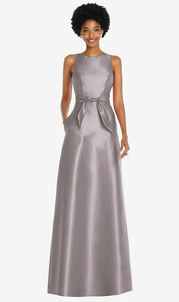 Front View - Cashmere Gray Jewel-Neck V-Back Maxi Dress with Mini Sash