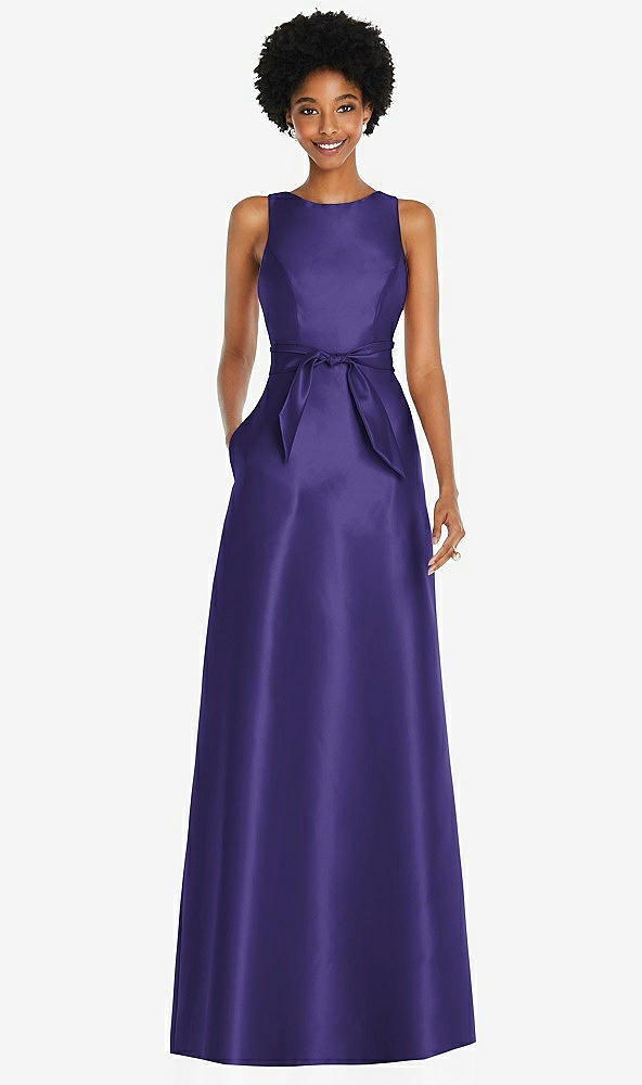 Front View - Grape Jewel-Neck V-Back Maxi Dress with Mini Sash