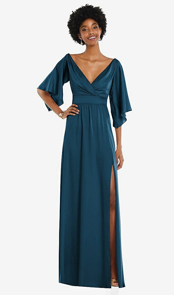 Front View - Atlantic Blue Asymmetric Bell Sleeve Wrap Maxi Dress with Front Slit