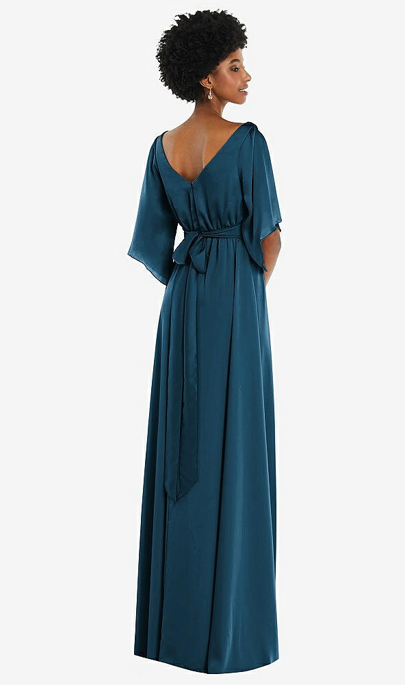 Back View - Atlantic Blue Asymmetric Bell Sleeve Wrap Maxi Dress with Front Slit