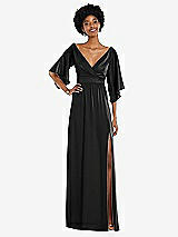 Front View Thumbnail - Black Asymmetric Bell Sleeve Wrap Maxi Dress with Front Slit
