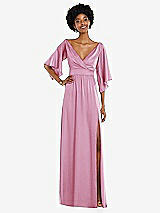 Front View Thumbnail - Powder Pink Asymmetric Bell Sleeve Wrap Maxi Dress with Front Slit