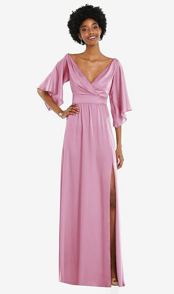 Front View - Powder Pink Asymmetric Bell Sleeve Wrap Maxi Dress with Front Slit