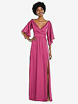 Front View Thumbnail - Tea Rose Asymmetric Bell Sleeve Wrap Maxi Dress with Front Slit
