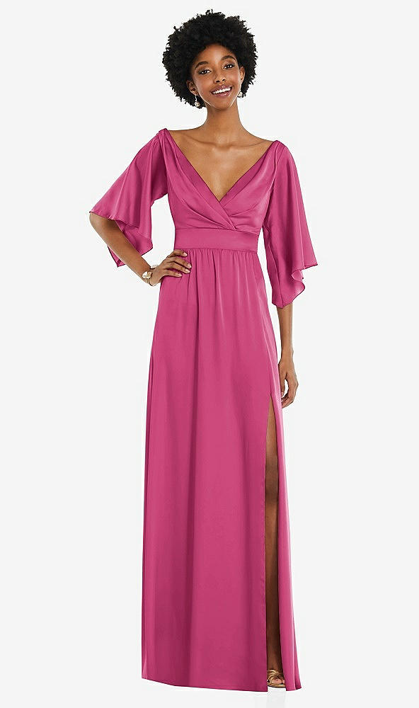 Front View - Tea Rose Asymmetric Bell Sleeve Wrap Maxi Dress with Front Slit