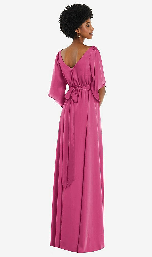Back View - Tea Rose Asymmetric Bell Sleeve Wrap Maxi Dress with Front Slit