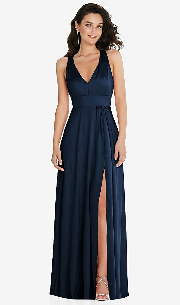Front View - Midnight Navy Shirred Shoulder Criss Cross Back Maxi Dress with Front Slit