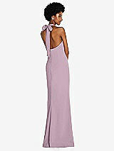Rear View Thumbnail - Suede Rose Tie Halter Open Back Trumpet Gown 