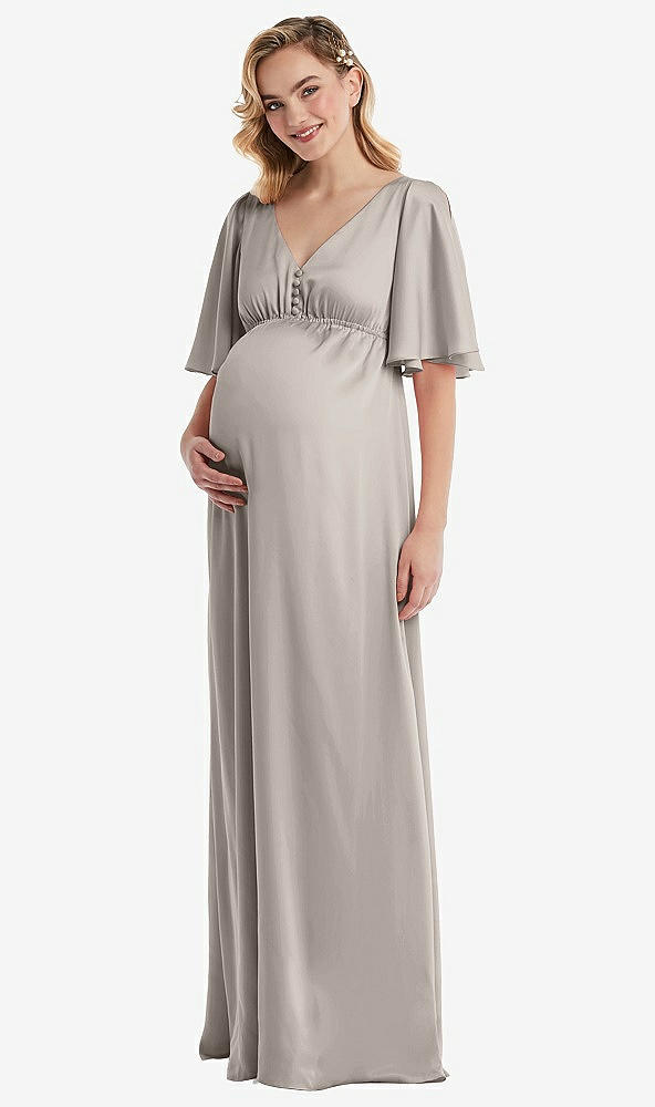 Front View - Taupe Flutter Bell Sleeve Empire Maternity Dress