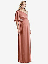Front View Thumbnail - Desert Rose One-Shoulder Flutter Sleeve Maternity Dress