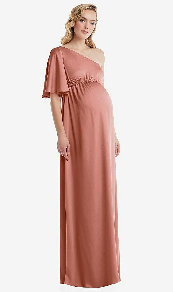 Front View - Desert Rose One-Shoulder Flutter Sleeve Maternity Dress