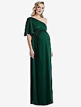 Front View Thumbnail - Hunter Green One-Shoulder Flutter Sleeve Maternity Dress