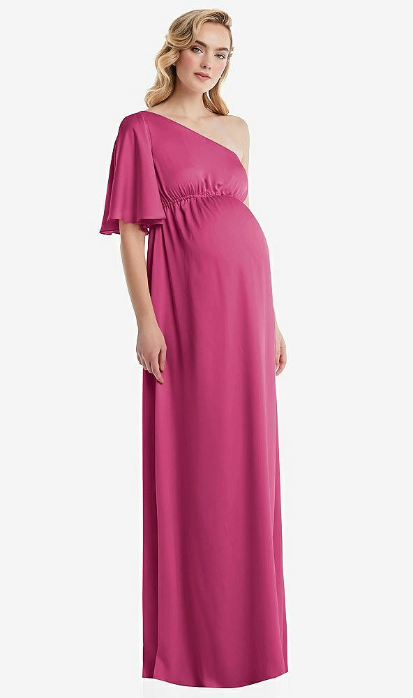 Front View - Tea Rose One-Shoulder Flutter Sleeve Maternity Dress