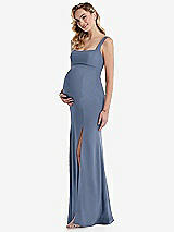 Side View Thumbnail - Larkspur Blue Wide Strap Square Neck Maternity Trumpet Gown