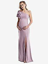 Front View Thumbnail - Suede Rose One-Shoulder Ruffle Sleeve Maternity Trumpet Gown