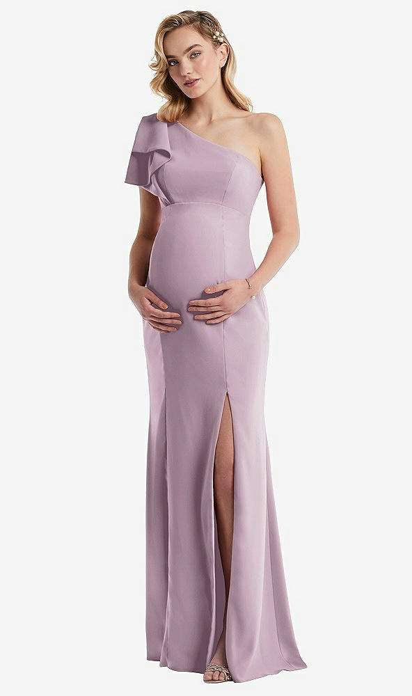 Front View - Suede Rose One-Shoulder Ruffle Sleeve Maternity Trumpet Gown