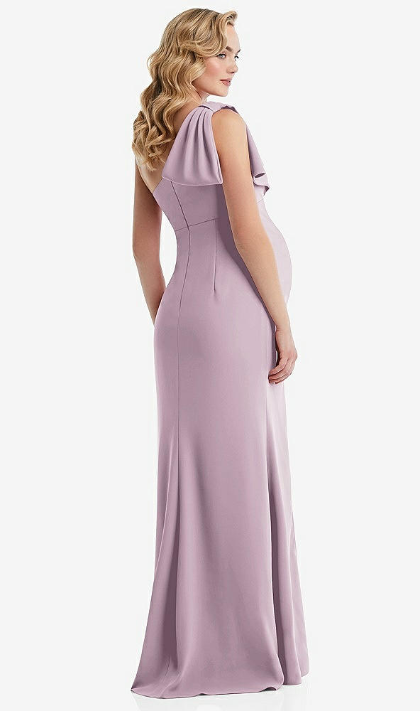 Back View - Suede Rose One-Shoulder Ruffle Sleeve Maternity Trumpet Gown