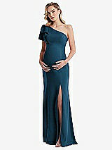 Front View Thumbnail - Atlantic Blue One-Shoulder Ruffle Sleeve Maternity Trumpet Gown