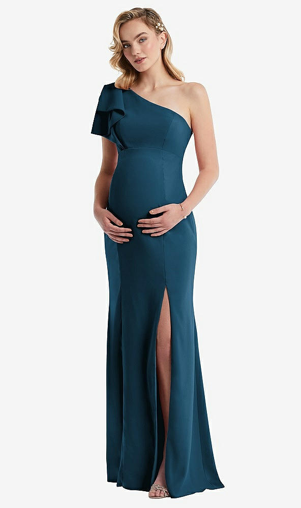 Front View - Atlantic Blue One-Shoulder Ruffle Sleeve Maternity Trumpet Gown
