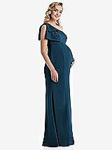 Side View Thumbnail - Atlantic Blue One-Shoulder Ruffle Sleeve Maternity Trumpet Gown