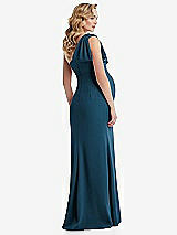 Rear View Thumbnail - Atlantic Blue One-Shoulder Ruffle Sleeve Maternity Trumpet Gown