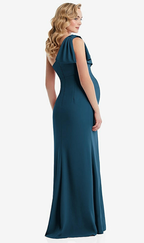 Back View - Atlantic Blue One-Shoulder Ruffle Sleeve Maternity Trumpet Gown