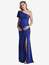 Front View Thumbnail - Cobalt Blue One-Shoulder Ruffle Sleeve Maternity Trumpet Gown
