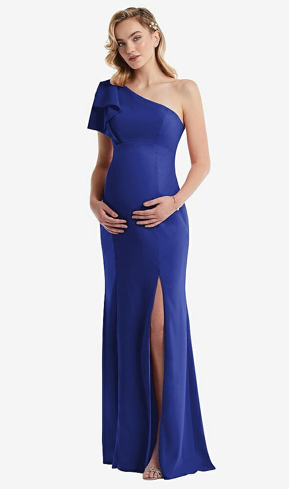 Front View - Cobalt Blue One-Shoulder Ruffle Sleeve Maternity Trumpet Gown