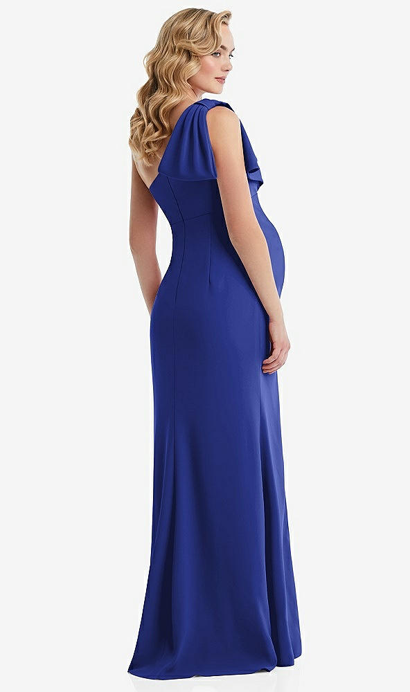 Back View - Cobalt Blue One-Shoulder Ruffle Sleeve Maternity Trumpet Gown