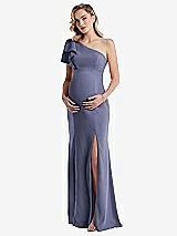 Front View Thumbnail - French Blue One-Shoulder Ruffle Sleeve Maternity Trumpet Gown