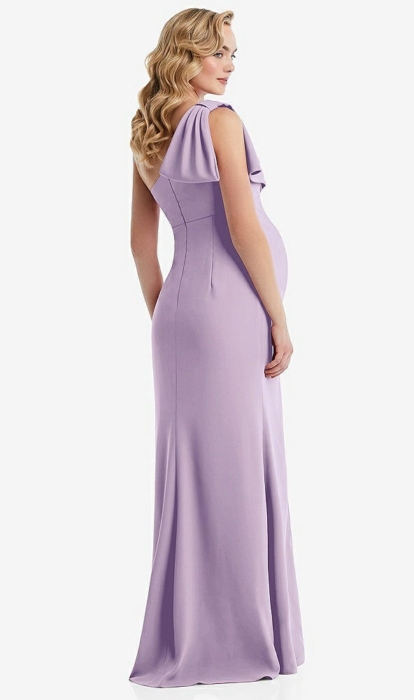 Back View - Pale Purple One-Shoulder Ruffle Sleeve Maternity Trumpet Gown