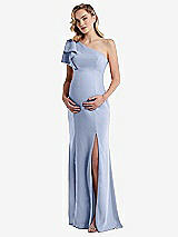 Front View Thumbnail - Sky Blue One-Shoulder Ruffle Sleeve Maternity Trumpet Gown