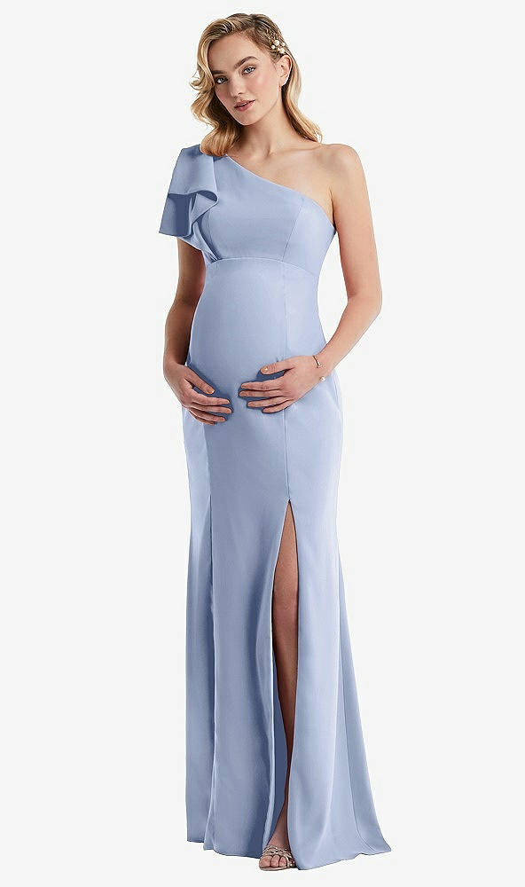 Front View - Sky Blue One-Shoulder Ruffle Sleeve Maternity Trumpet Gown