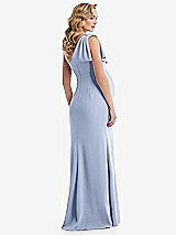 Rear View Thumbnail - Sky Blue One-Shoulder Ruffle Sleeve Maternity Trumpet Gown