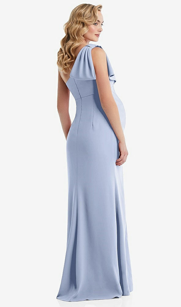 Back View - Sky Blue One-Shoulder Ruffle Sleeve Maternity Trumpet Gown