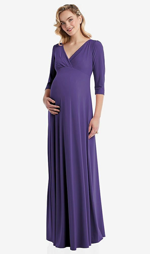 Front View - Regalia - PANTONE Ultra Violet 3/4 Sleeve Wrap Bodice Maternity Dress