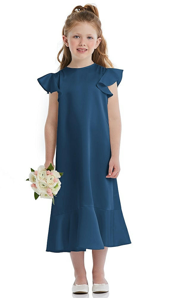 Front View - Dusk Blue Flutter Sleeve Ruffle-Hem Satin Flower Girl Dress