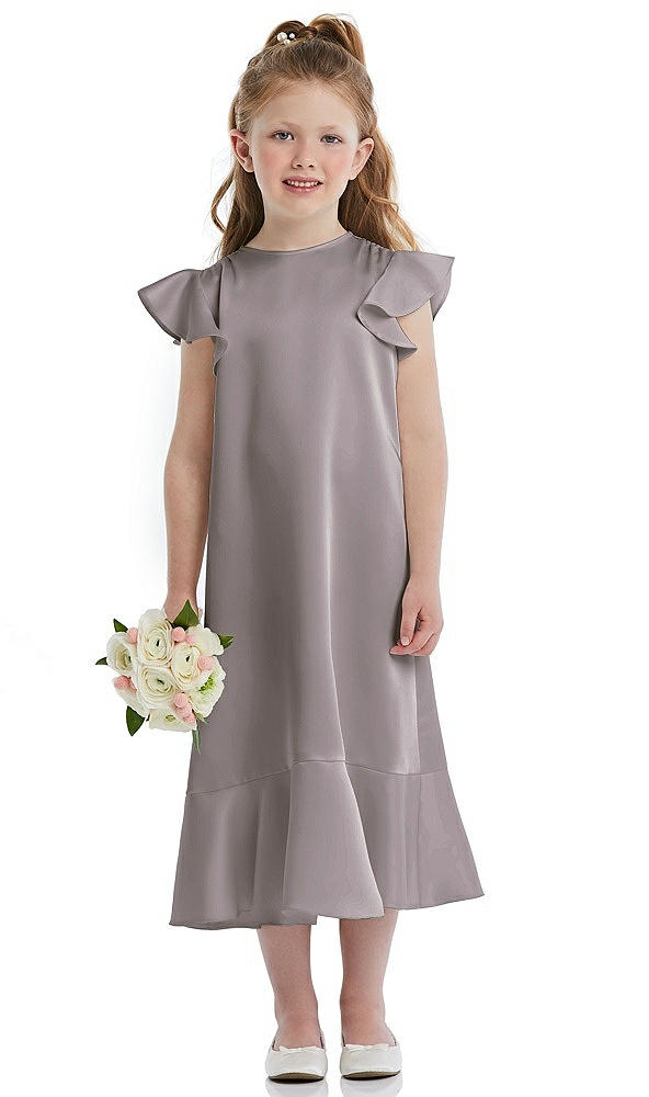 Front View - Cashmere Gray Flutter Sleeve Ruffle-Hem Satin Flower Girl Dress