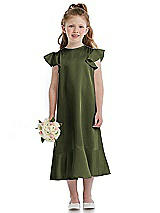 Front View Thumbnail - Olive Green Flutter Sleeve Ruffle-Hem Satin Flower Girl Dress