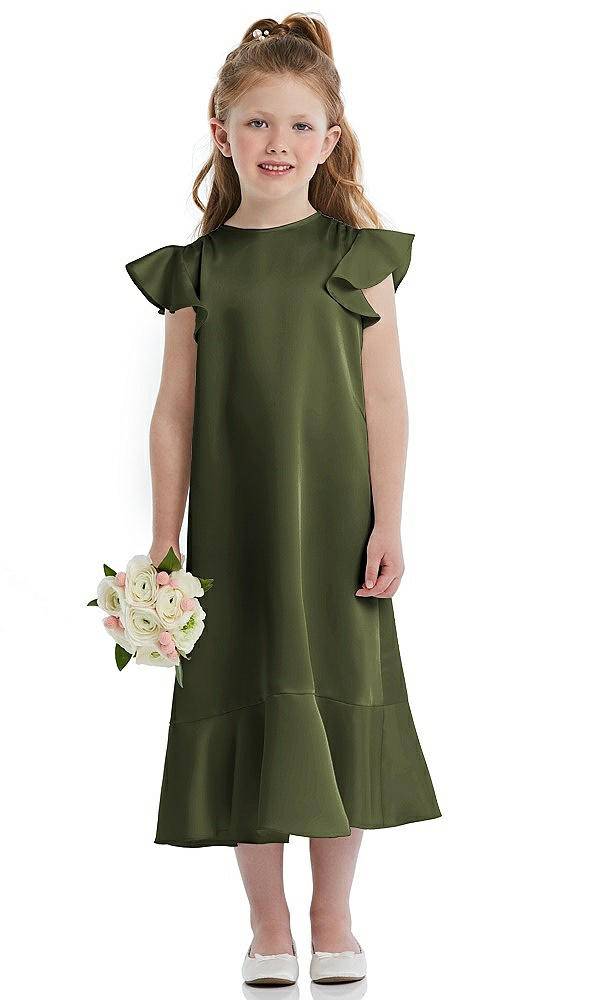 Front View - Olive Green Flutter Sleeve Ruffle-Hem Satin Flower Girl Dress
