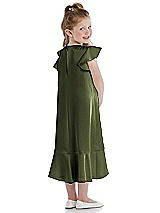 Rear View Thumbnail - Olive Green Flutter Sleeve Ruffle-Hem Satin Flower Girl Dress