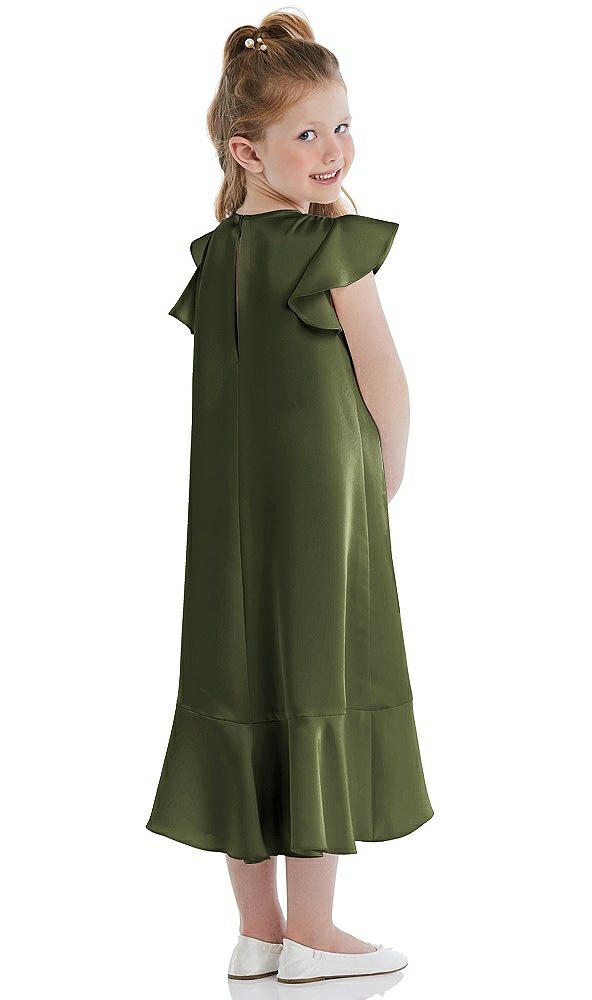 Back View - Olive Green Flutter Sleeve Ruffle-Hem Satin Flower Girl Dress